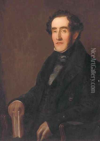 Portrait of a gentleman, seated three-quarter-length, in a black coat, holding a book in his right hand Oil Painting - English School