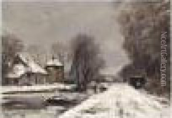 A Winter Landscape With A Figure By A Drawbridge Oil Painting - Louis Apol