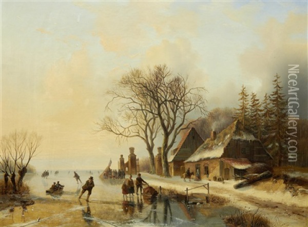 Skaters On A Frozen Lake Oil Painting - Jacobus Freudenberg