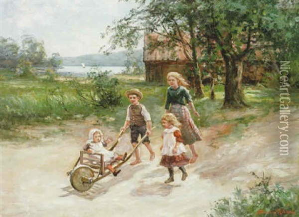 Sommarmotiv Med Lekande Barn, I Fonden Sjo Med Segelbat Oil Painting - Johan Severin Nilsson