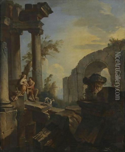 An Architectural Capriccio With A Couple Seated And A Dog Beneath Ruined Columns Oil Painting - Giovanni Paolo Panini