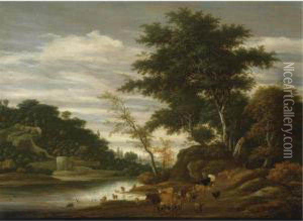 A River Landscape With Cattle Oil Painting - Jacob Salomonsz. Ruysdael