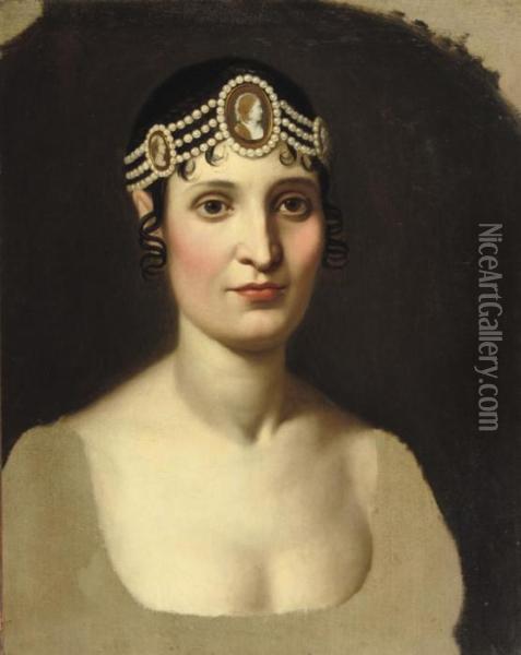 Portrait Of Paulina Borghese, 
Bust-length, Wearing An Elaborateheaddress With Antique Cameos Oil Painting - Jacques Louis David
