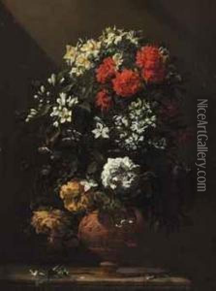 Roses And Other Spring Flowers In A Vase On A Stone Ledge Oil Painting - Jean Picart
