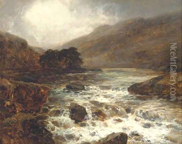 River from the hills, in full spate Oil Painting - John Brandon Smith