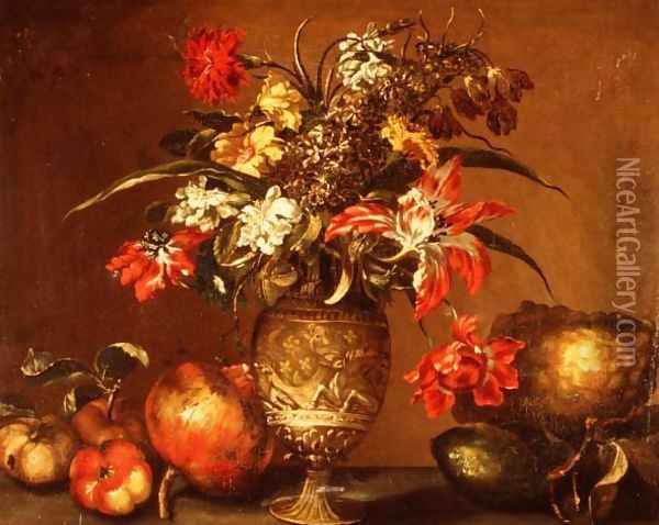 Tulips, a carnation and other flowers in a silver gilt vase with fruit on a ledge Oil Painting - Andrea Belvedere