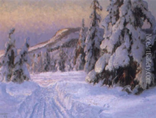 Vinterlandskap Med Aftonljus Oil Painting - Carl Brandt