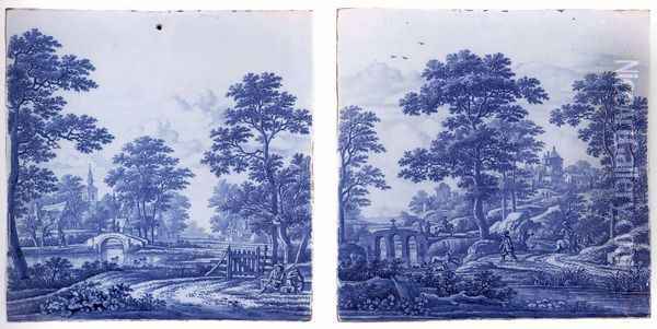 Two plaques with a landscape c. 1690 Oil Painting - Frederik van Frytom