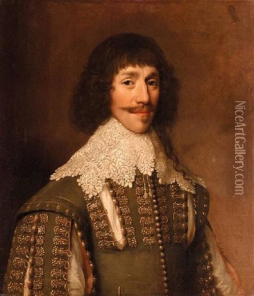 Portrait Of A Gentleman Wearing A Green Tunic Embroidered With Gold, And A White Lace Collar Oil Painting - Balthazar Gerbier d'Ouvilly