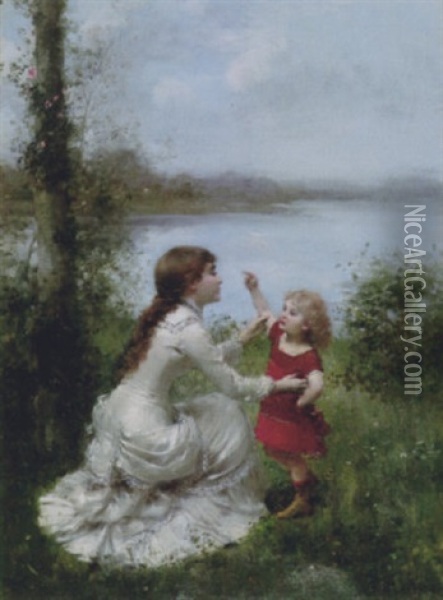 At Play By The Lake Oil Painting - Jules Frederic Ballavoine