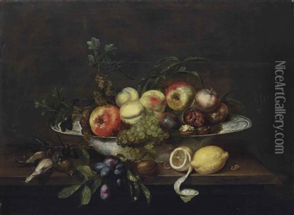 Pomegranates, Grapes On The Vine, Peaches, Figs, An Apple And Walnuts In A Porcelain Bowl, With Lemons, A Walnut, Plums And Dead Finches, On A Wooden Table Oil Painting - Frans Ykens