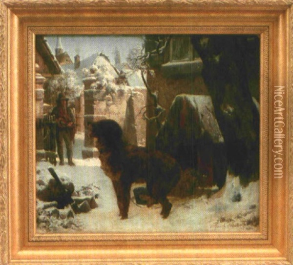 Winter Im Dorf Mit Hund Vor Seiner Hundehutte Oil Painting - Ernst Bosch