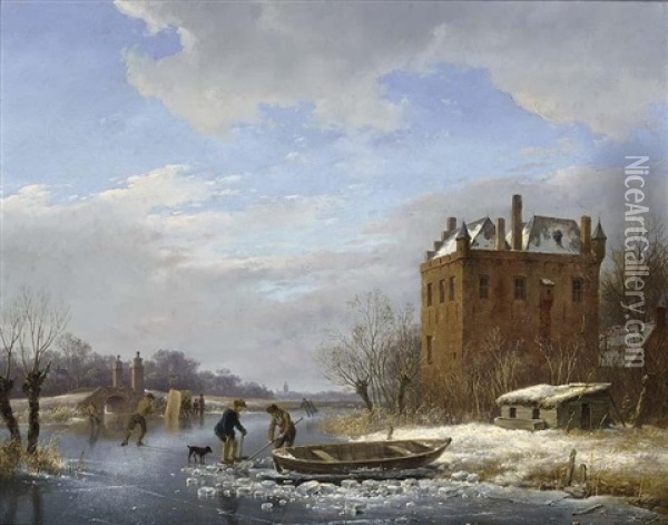 A Winter Landscape With Figures On The Ice, A Koek En Zopie In The Distance Oil Painting - Andreas Schelfhout