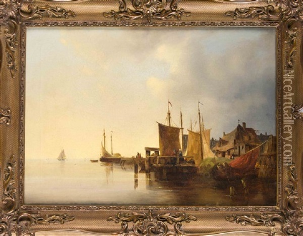 Dorflicher Fischerhafen Mit Staffagefiguren Oil Painting - Ludwig Hermann