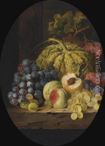 Fruit On A Wooden Ledge, In An Oval Mount Oil Painting - Edward Ladell