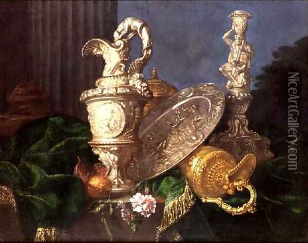 A Still Life of an Ornate Silver Ewer and a Silver Basin Oil Painting - Meiffren (Ephren) Conte (Leconte)