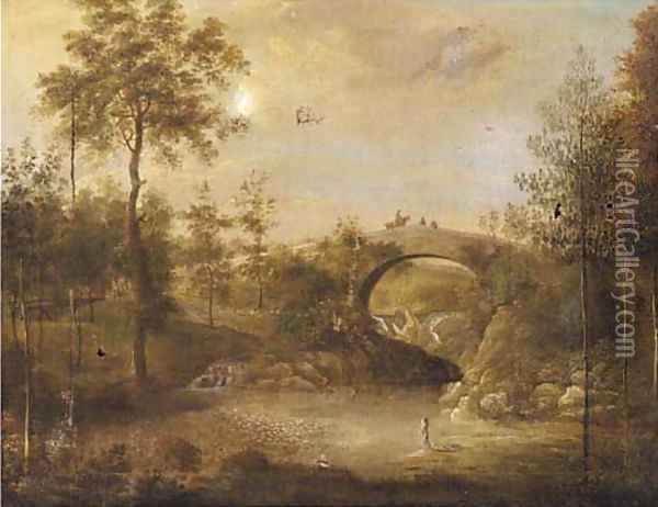 Figures bathing under a bridge in a wooded landscape Oil Painting - George Cuitt