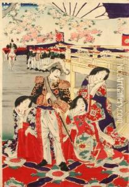 Imperatore Meiji E Dame Di Corte Oil Painting - Yoshu Toyoharu Chikanobu /