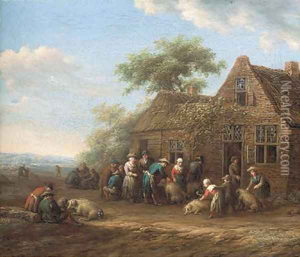 Peasants outside an inn preparing pigs for market Oil Painting - Barent Gael