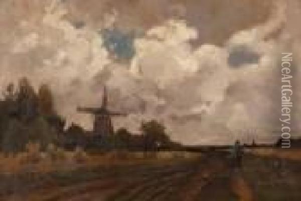 Windmuhle Insturmischer Landschaft Oil Painting - Theophile Emile Achille De Bock