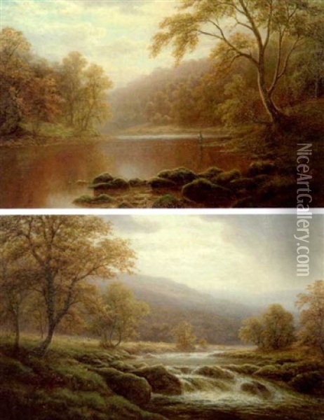 An Angler Beside A Calm River, The Wharfe Near Bolton Abbey (?) (+  A River Scene; Pair) Oil Painting - William Mellor
