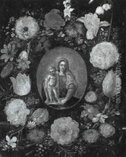 A Garland Of Flowers Surrounding A Cartouche Depicting The  Madonna And Child Oil Painting - Andries Daniels