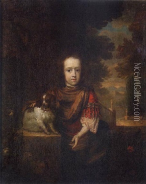 Portrait Of A Young Boy With A Spaniel, An Ornamental Garden Beyond Oil Painting - Aleijda Wolfsen