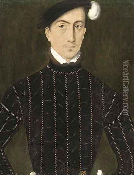 Portrait of a gentleman, half-length, in a slashed black coat and plumed black hat Oil Painting - Adriaen Thomas Key