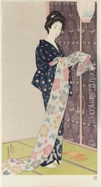 Young Woman In A Summer Kimono Oil Painting - Goyo Hashiguchi