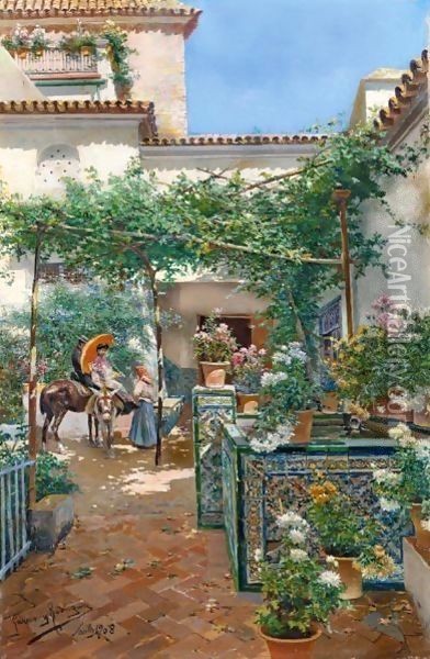 Patio Sevillano (A Courtyard In Seville) Oil Painting - Manuel Garcia y Rodriguez