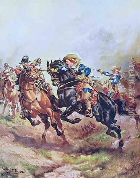 Prince Ruperts Cavalry Charging at Edgehill in 1642, illustration from Hutchinsons The Story of the British Nation c.1920 Oil Painting - Henry A. (Harry) Payne