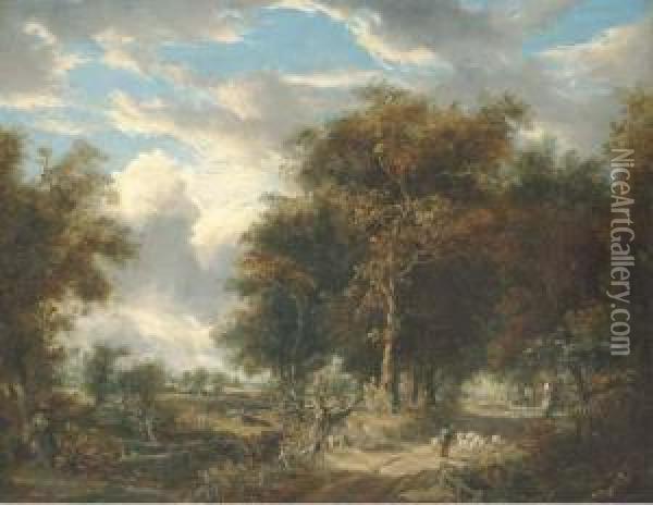 A Wooded Landscape With A Shepherd And Sheep On A Path Oil Painting - John Berney Crome