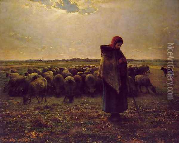 Shepherdess with her Flock, 1863 Oil Painting - Jean-Francois Millet