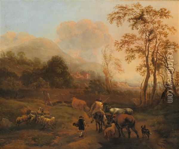 A Southern Landscape With Shepherds And Their Flock Oil Painting - Nicolaes Petersz Berchem