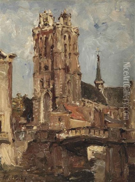 A View Of The Church In Dordrecht Oil Painting - Otto Willem Albertus Roelofs