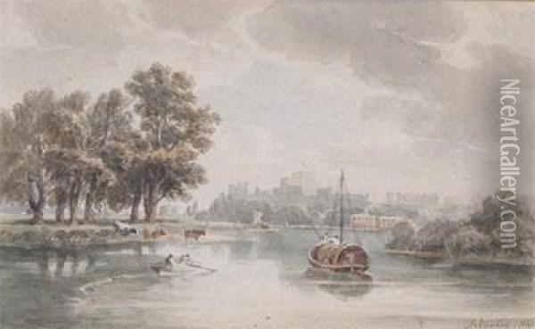 Thames View With Windsor Castle Oil Painting - John Varley
