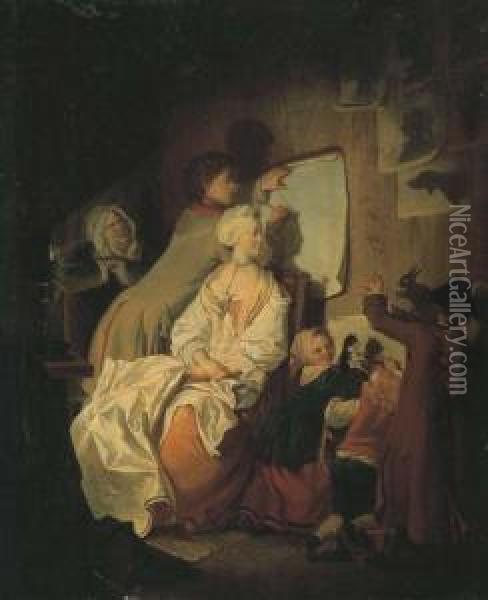 L'origine De La Peinture: Une Famille Dessinant Des Ombres Chinoises Oil Painting - Johann Eleazar Schenau