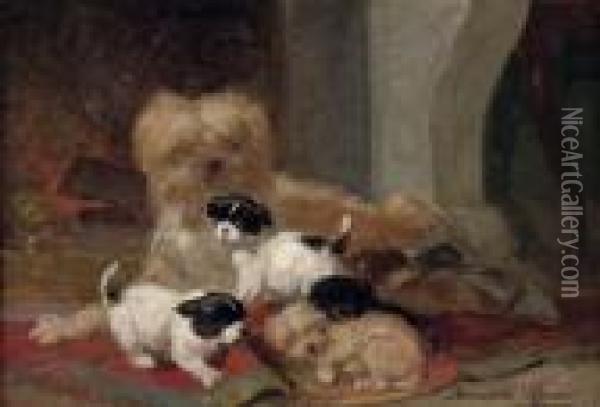 Playing In Front Of The Fire Oil Painting - Henriette Ronner-Knip