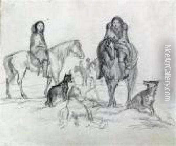 North American Indians On Horseback Oil Painting - George Catlin