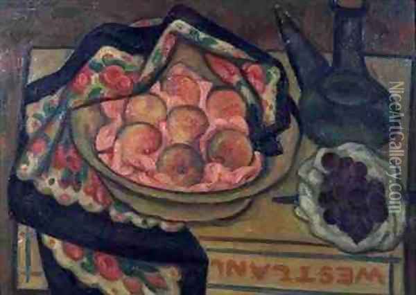 Peaches and a Green Bottle Oil Painting - Mark Gertler