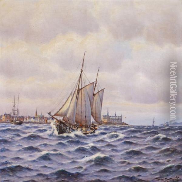 Sailing Boats On Thecoast Of Helsingor, Kronborg Castle In The Background Oil Painting - Johann Jens Neumann