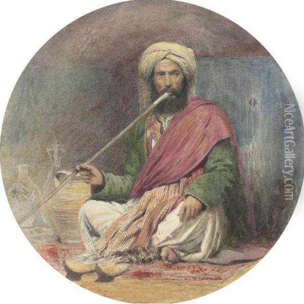 An Arab Smoking A Shilbouck Oil Painting - Frederick Smallfield, A.R.W.S.