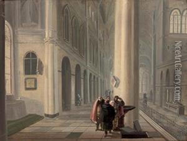 A Gothic Church Interior With Figures By An Open Tomb Oil Painting - Johann Ludwig Ernst Morgenstern