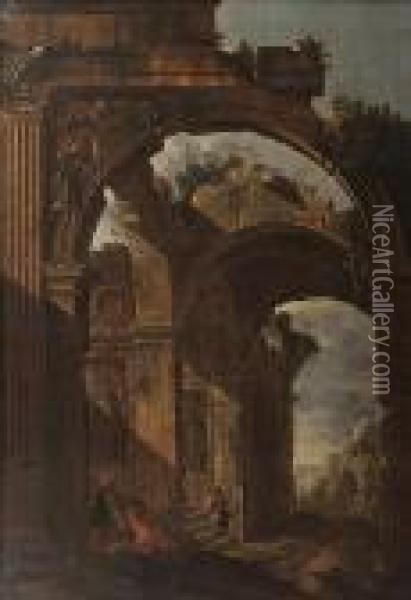 Figures Amongst Roman Ruins Oil Painting - Giovanni Ghisolfi