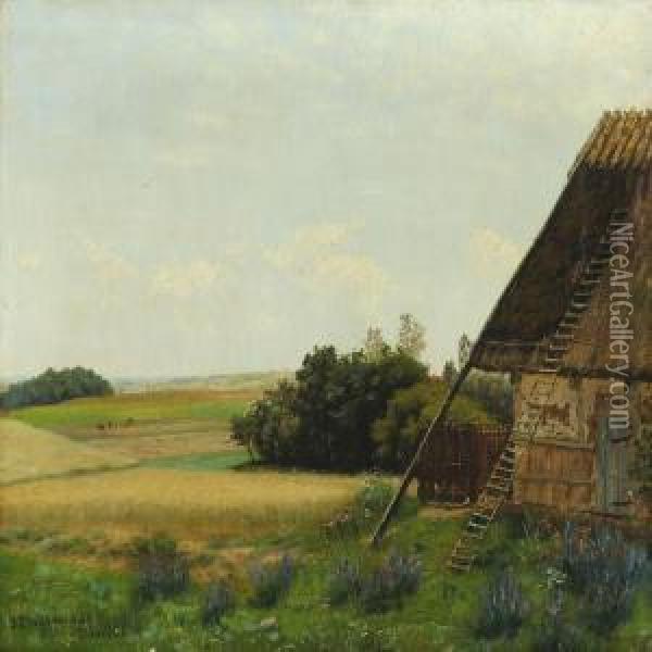 Open Landscape With Thatched Barn Oil Painting - Johan Peter Von Wildenradt