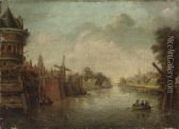 A Dutch Canal Side Town With Figures In A Boat Oil Painting - Theodor (Dirk) Verrijk
