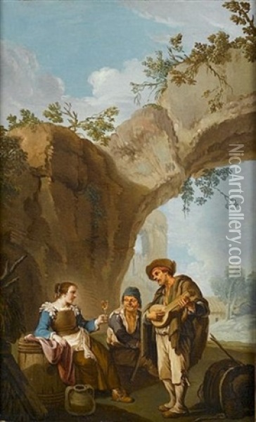 A Young Woman Holding A Glass Of Wine With Two Companions Making Music Before A Stone Arch (+ A Young Peasant Woman With Her Child And Other Peasants Seated At The Foot Of A Tree; Pair) Oil Painting - Paolo Monaldi