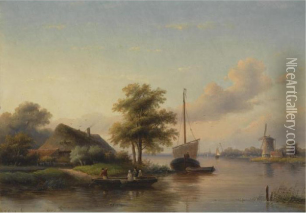 Figures In A River Landscape Oil Painting - Jan Jacob Coenraad Spohler