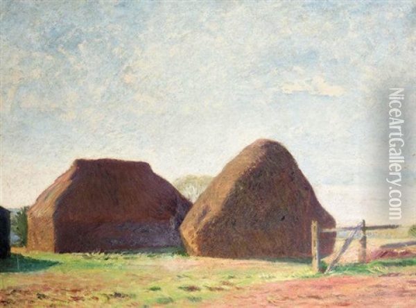 Haystacks With Barns, Iles Farm, Far Oakridge, Gloucestershire Oil Painting - William (Sir) Rothenstein