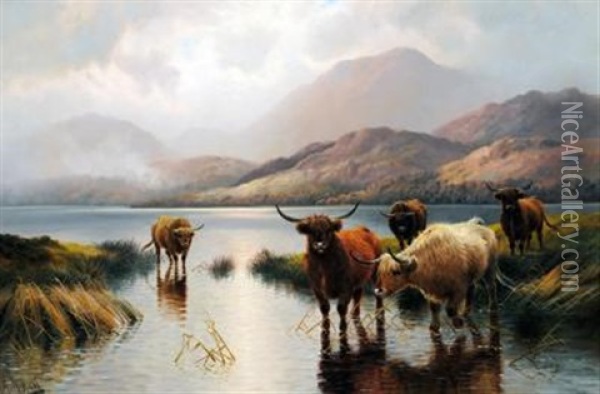 Loch Ness, Early Morning, Highland Cattle Drinking Oil Painting - Harald R. Hall